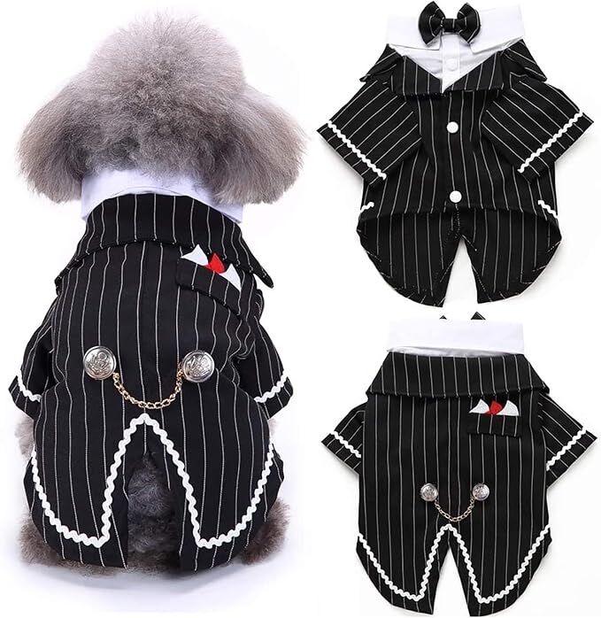 pet products Dog Cat Tuxedo Suit with Bow Tie - Formal Black & White Striped Pet Costume Shirt, Elegant Wedding Outfit Birthday Party Attire for Maltese โ image 4