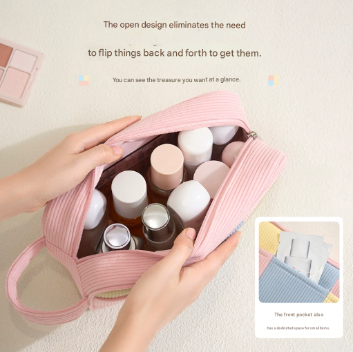 Pink Trendy Color-Block Corduroy Makeup Bag - Large Capacity Travel Cosmetic Organizer with Easy-Access Wide Opening and Portable Handle โ image 2