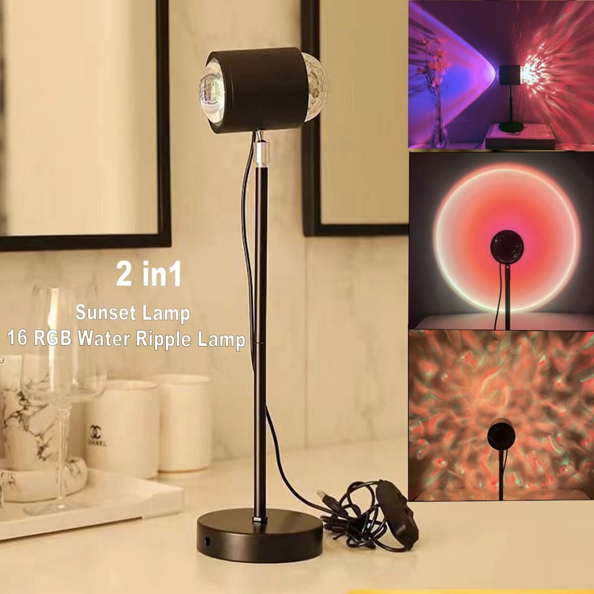 Water Ripple Lamp Sunset Lamp 2-in-1 3D Projector LED Light Sunset Ocean Light Project USB Powered Night Light 360° Rotation Button Control for — image 5