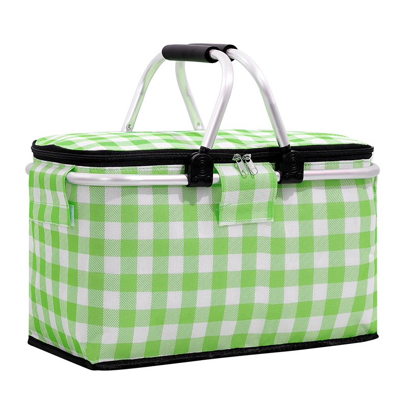 Insulated Picnic Basket with Aluminum Frame - Portable Collapsible Cooler Bag 18L 40 × 20 × 23cm(Green plaid)