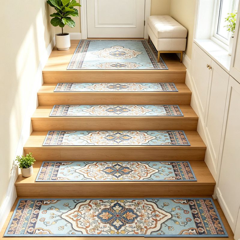 4 Pcs Blue Vintage Floral Non Slip Stair Treads, Adhesive Carpet Runners for Wooden Steps Pets and Seniors, 8 × 30 in — image 4