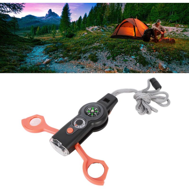7 in 1 Emergency Survival Whistle, LED Thermometer, Compass, Climbing, Orange