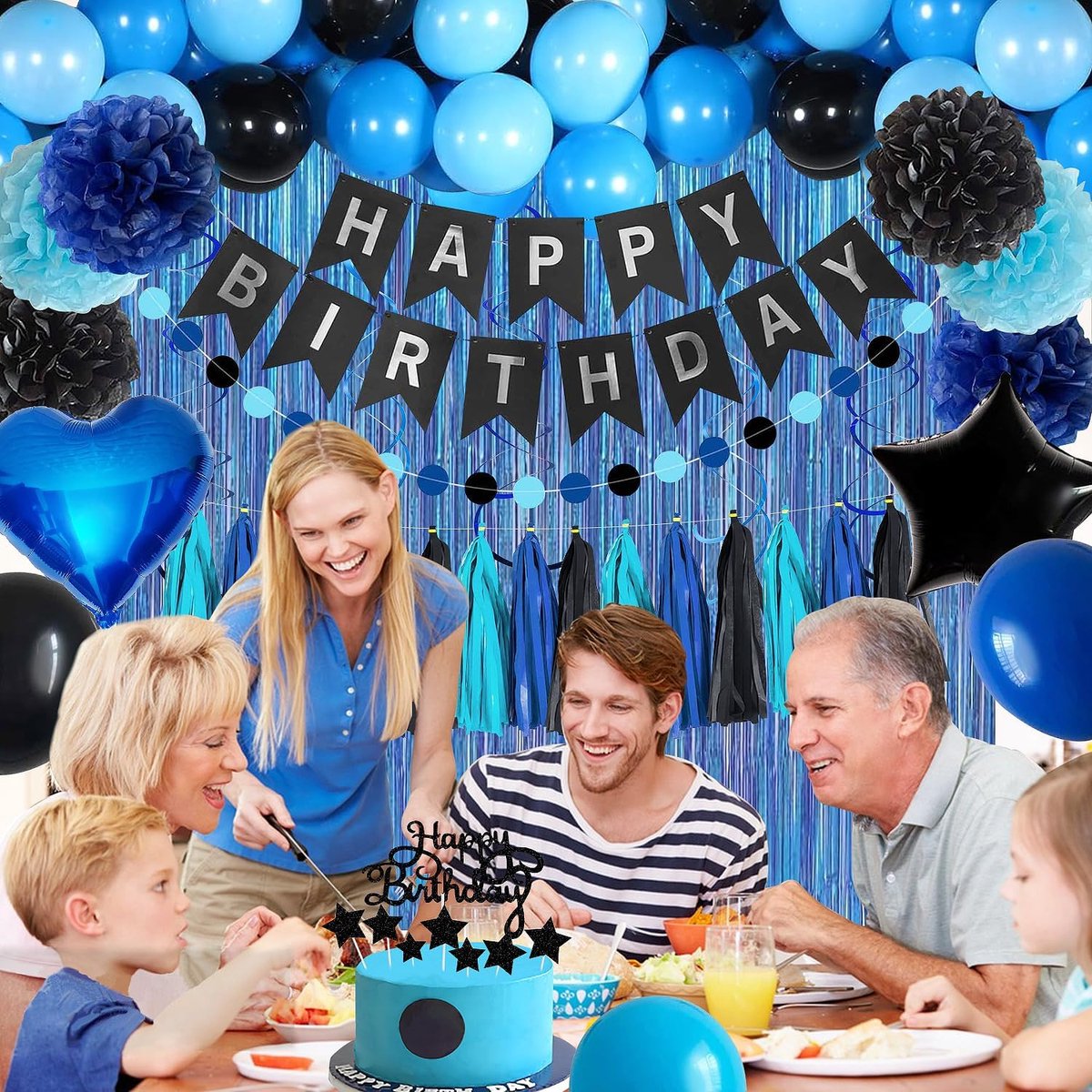 Blue-black birthday party decoration set - Banner & balloons — image 4