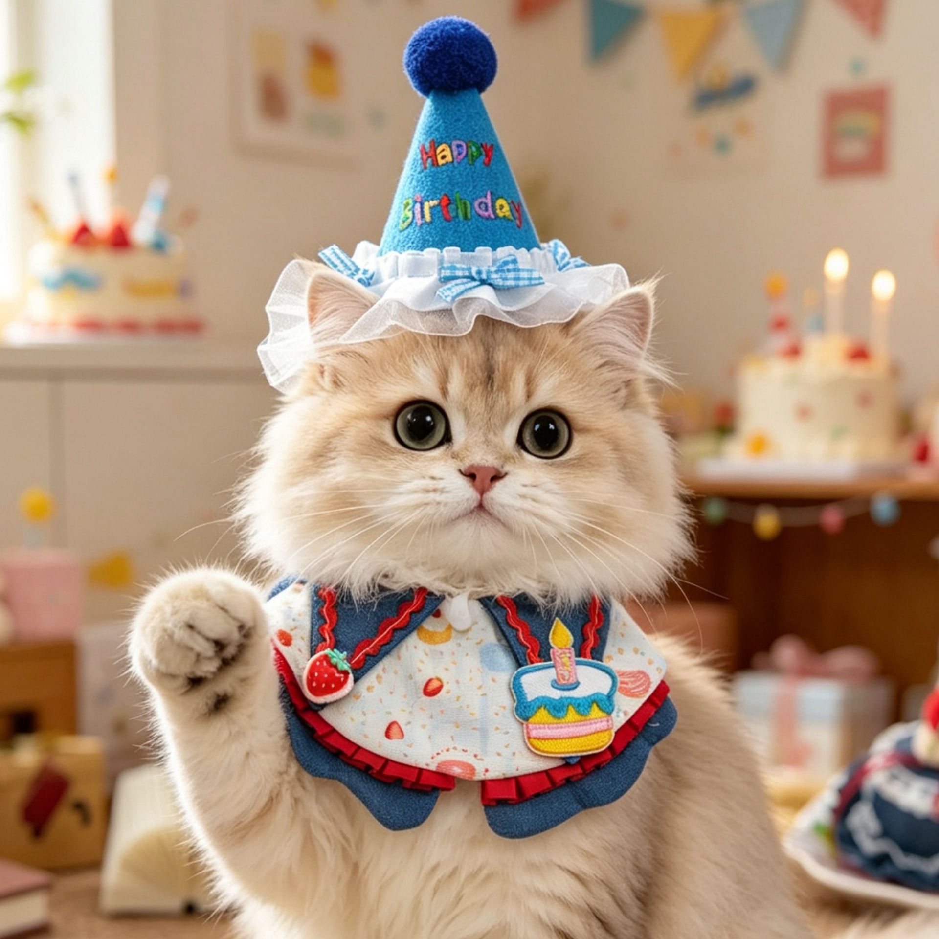 Size M Blue Pet Birthday Party Supplies Strawberry Cake Bib and Hat Set Cat Dog Costume Photo Shoot Outfit — image 2