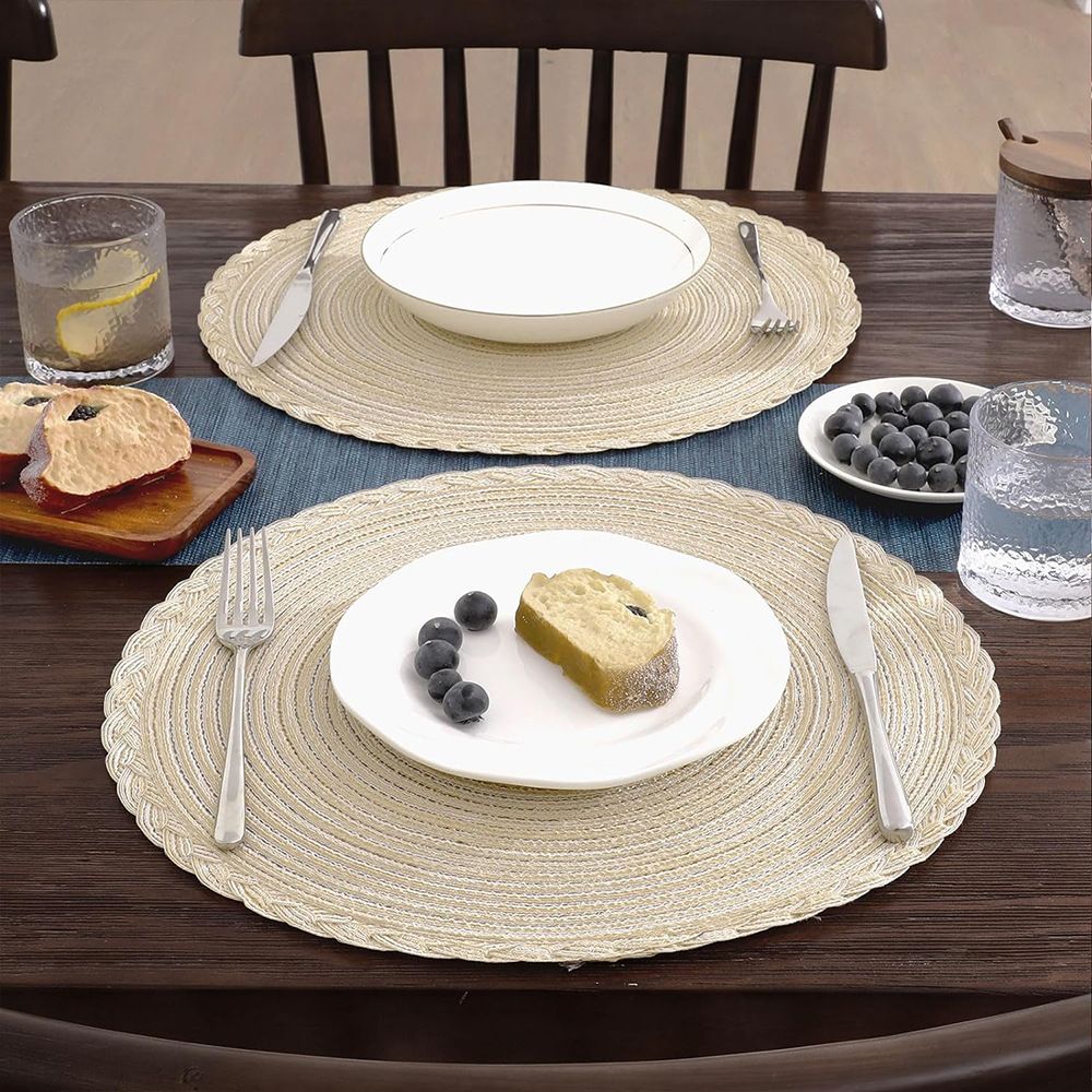 38cm Round Braided Placemats Set of 4, Washable Heat Resistant Circle Boho Place Mats for Kitchen Dining Table -（beige） — image 2