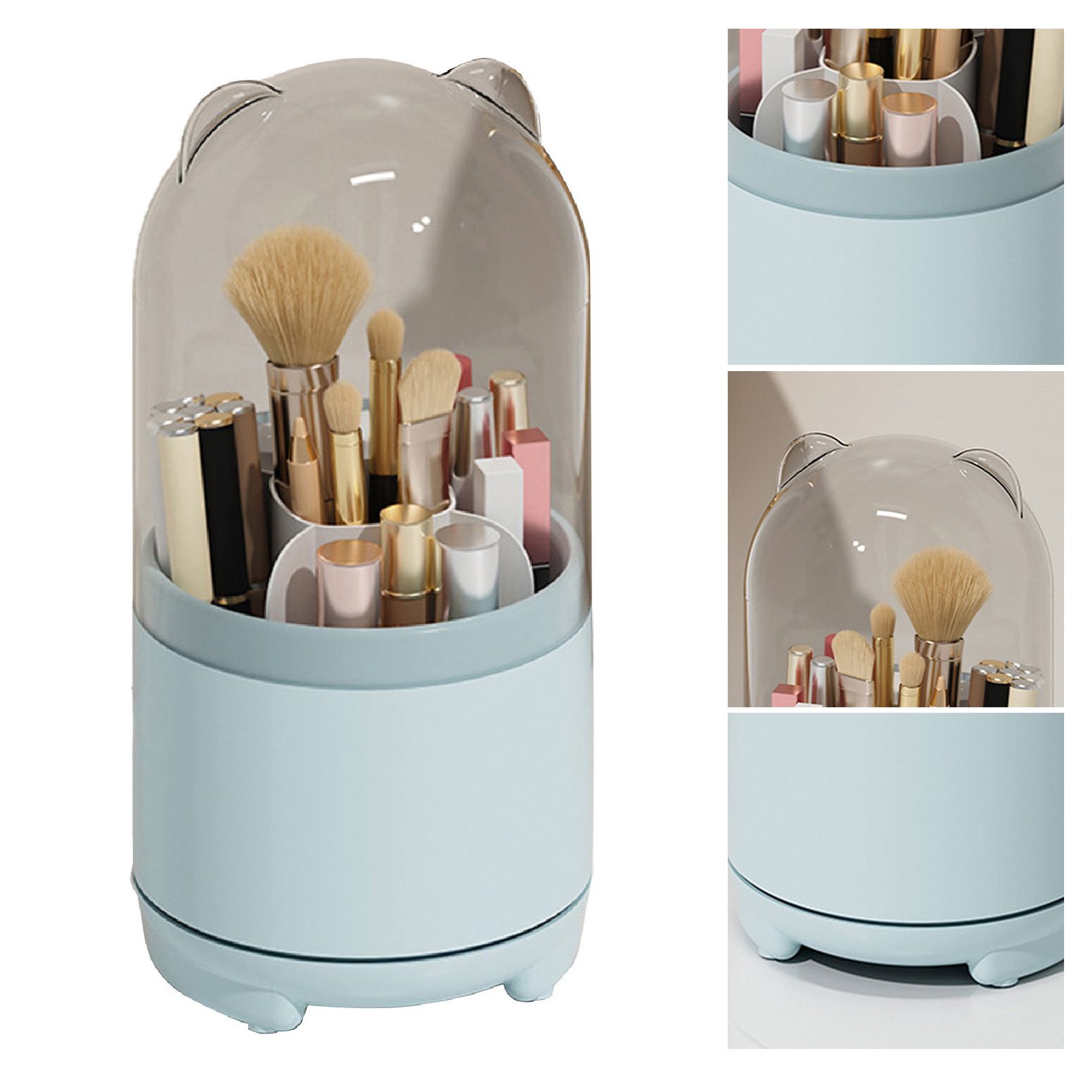 Makeup Brush Storage Container 360 Degree Rotating Dust Prevention Transparent Lid Large Capacity Makeup Brush Holder Blue — image 4
