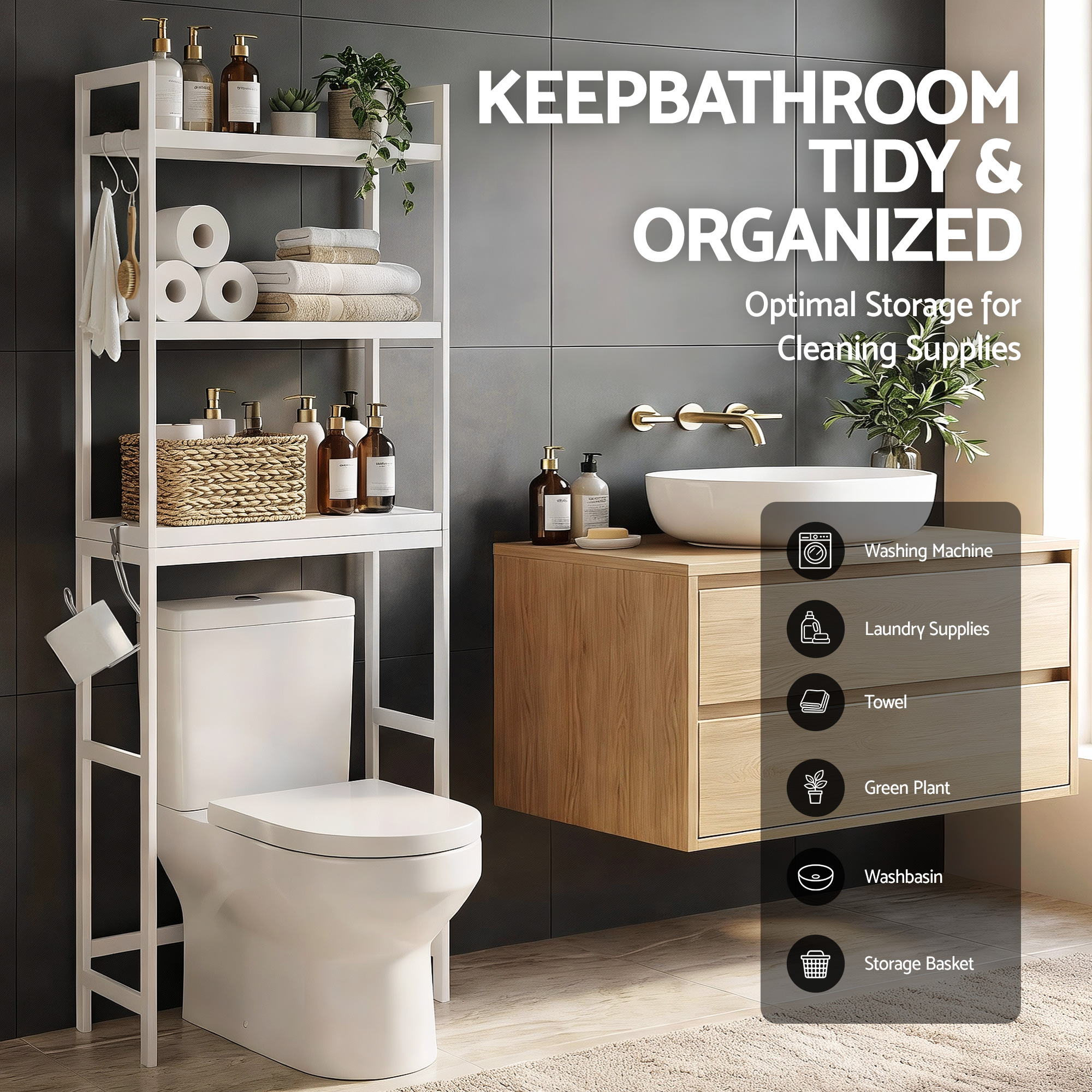 Artiss Over Toilet Storage Bathroom Rack Space Saving 3 Tier Organiser White — image 5