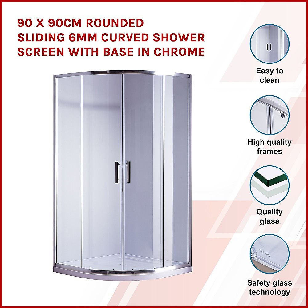 90 x 90cm Rounded Sliding 6mm Curved Shower Screen with Base in Chrome โ image 3