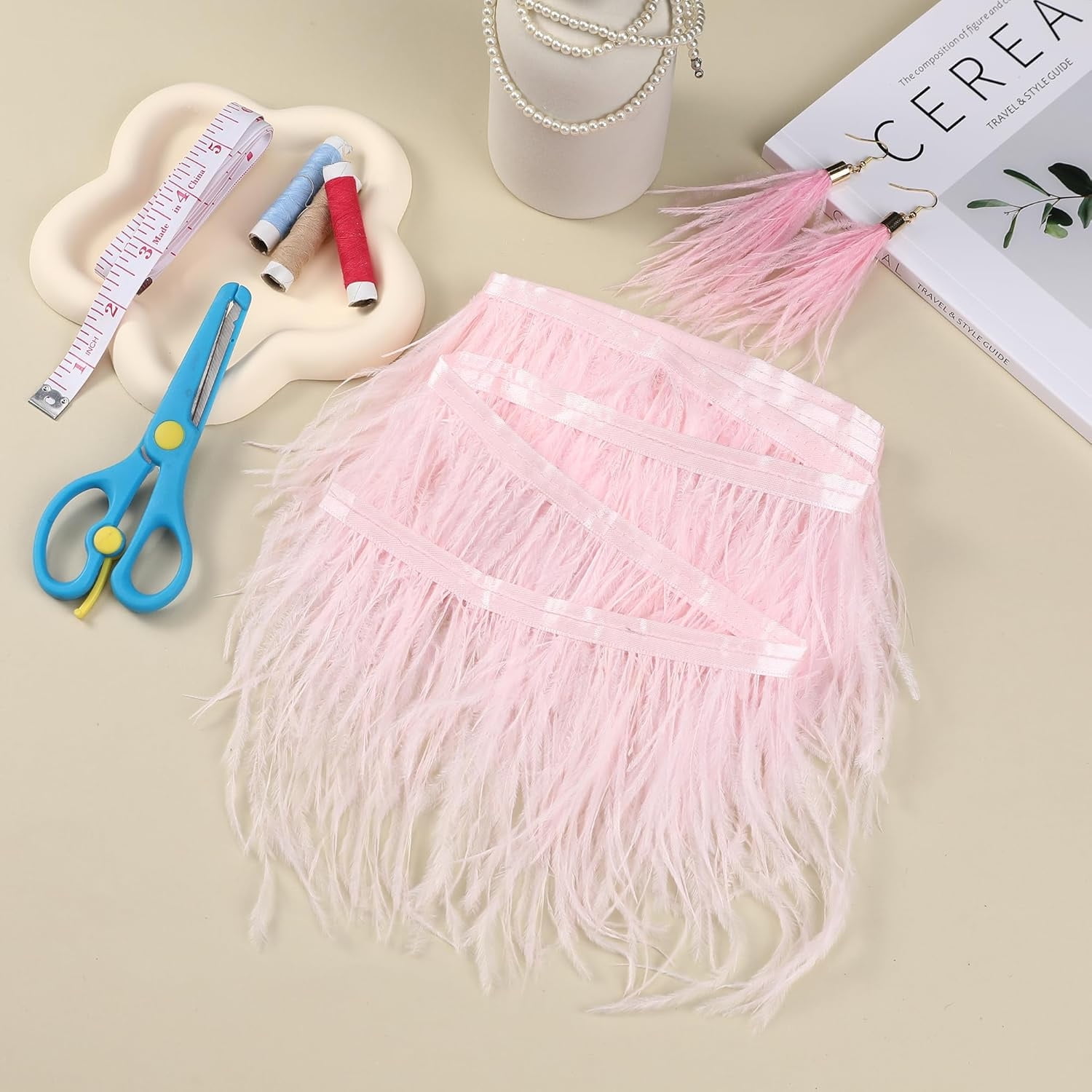 Black Ostrich Feathers Trim,78.7Inx3.15-4.3In Wide Ostrich Feathers Sewing Fringe Trim Ribbon for Latin,Masquerade Decoration Pink — image 2