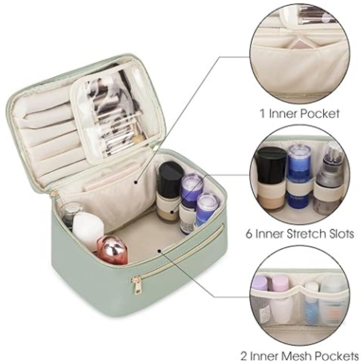 Green PU Leather Large Capacity Makeup Bag - Waterproof & Multifunctional Handbag for Women โ image 2