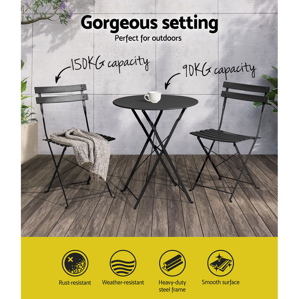 Gardeon 3PC Outdoor Bistro Set Steel Table and Chairs Patio Furniture Black โ image 4