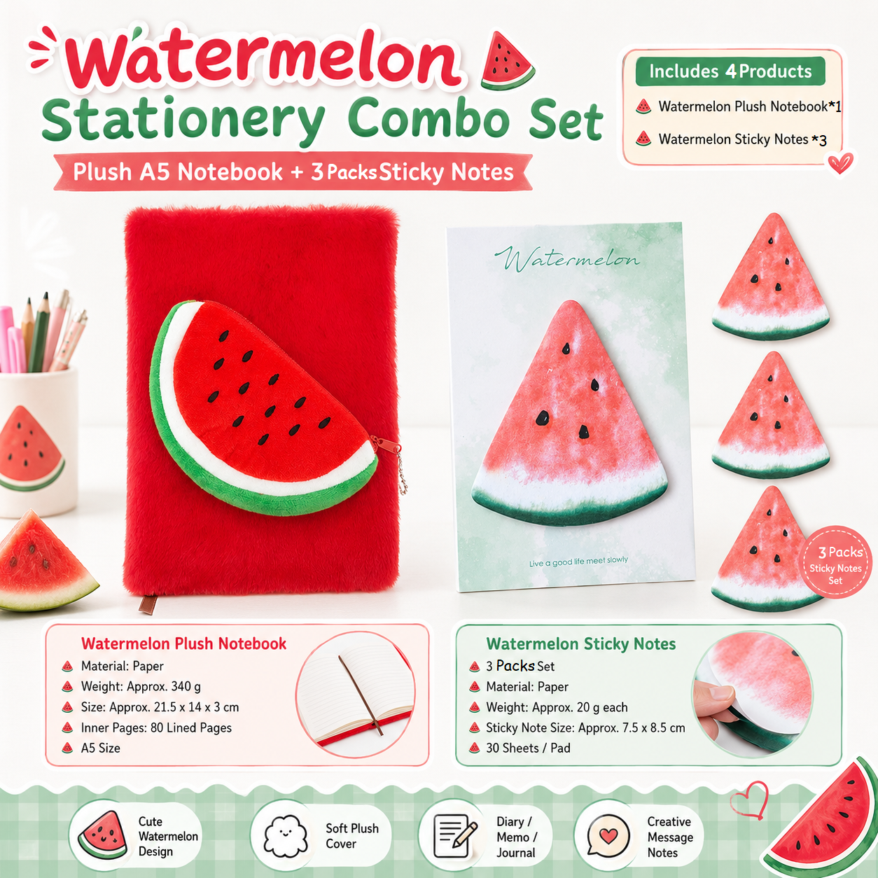 Fruit-Shaped Office Supplies Set-3 packs Watermelon Shaped Sticky Notes and A5 Plush Notebook with Watermelon Shaped Detachable Coin Purse - Cute Memo Pads for