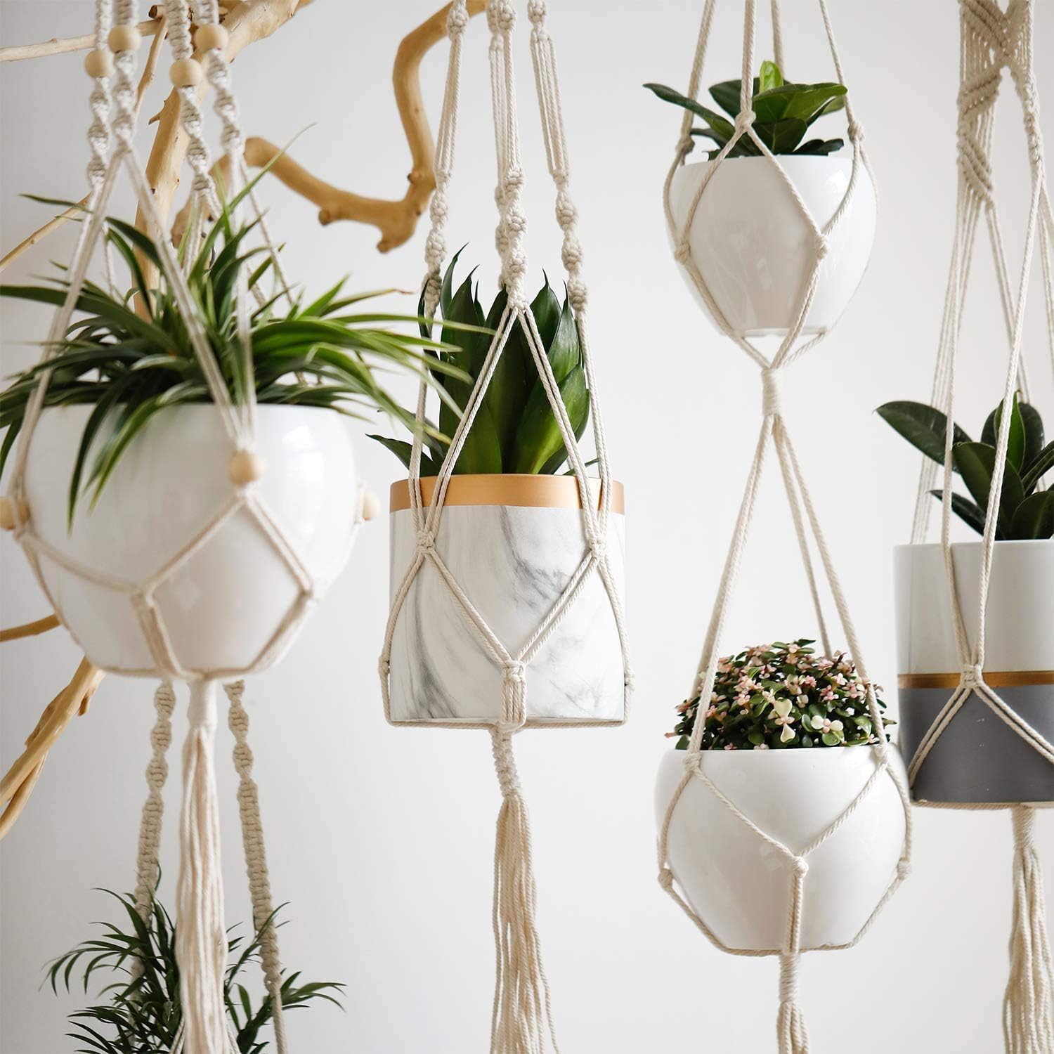 Macrame Plant Hangers 2 Pack, Handmade Natural Cotton Rope Hanging Planters for Indoor Plants, Odorless Not-Rotten Durable for Hanging Planter Indoor Outdoor — image 4