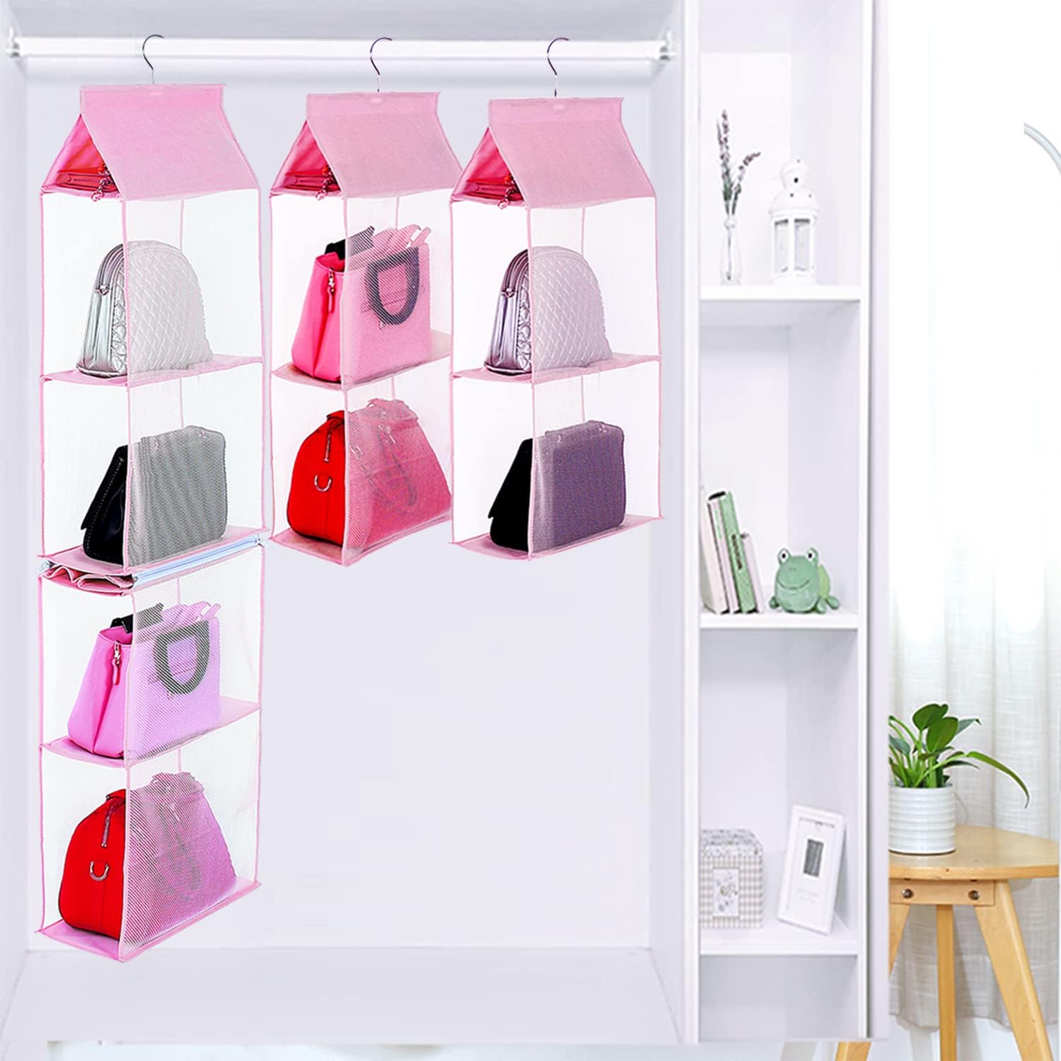 Closet Purse Organizer, Hanging Handbag Organizer with 4 Heavy-Duty Mesh Shelves Closet Purse Storage Bag (Pink) — image 2
