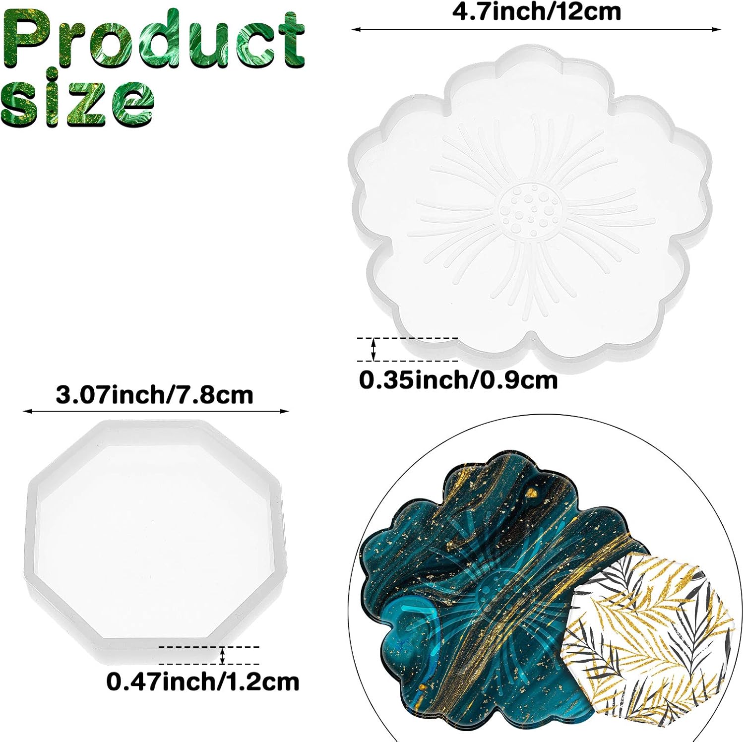 8 Pieces Coaster Silicone Resin Molds Set Include 4 Flower Coaster Resin Flower Silicone Tray and 4 Octagon Epoxy Casting Mold for DIY Artwork, and Home Decor — image 3