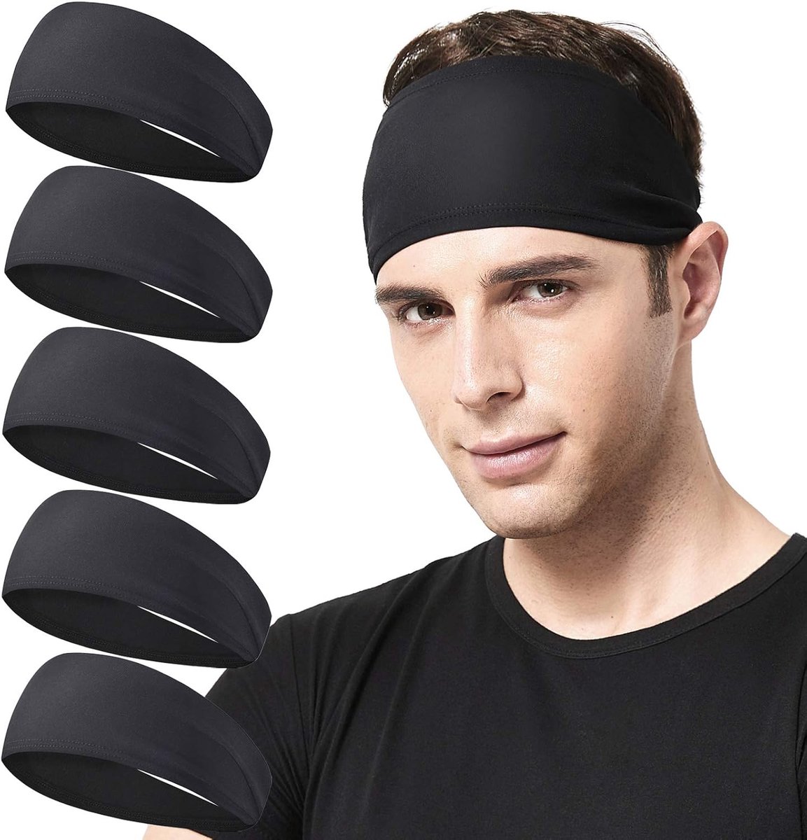Men's Headbands - 5-pack - Sweat-wicking headbands for men - Suitable for running, cycling, basketball, yoga, fitness training - Elastic unisex headbands