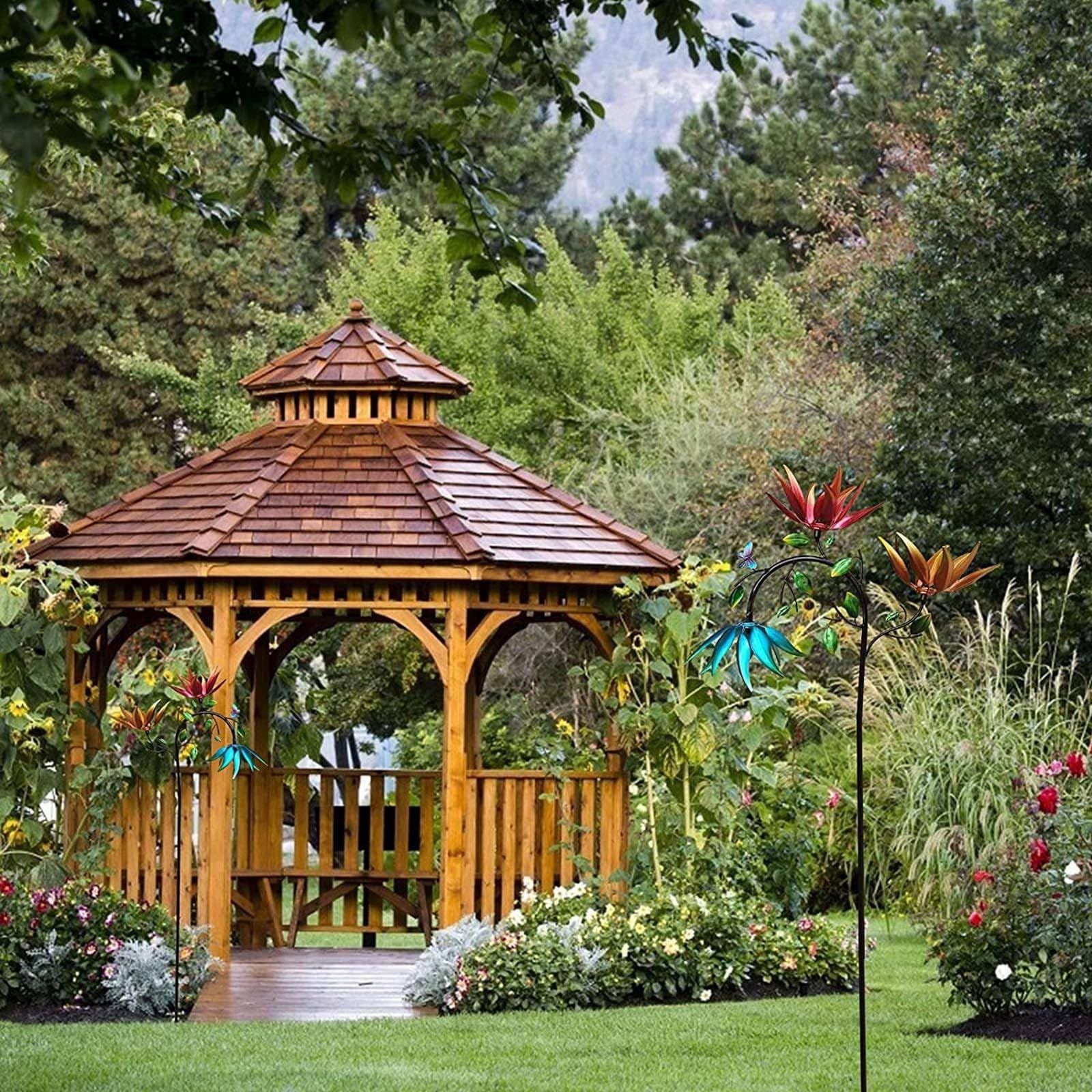 Large Metal Wind Spinner with Three Spinning Flowers and Butterflies Windmill Spinner for Yard and Garden Outdoor Art Decoration — image 4