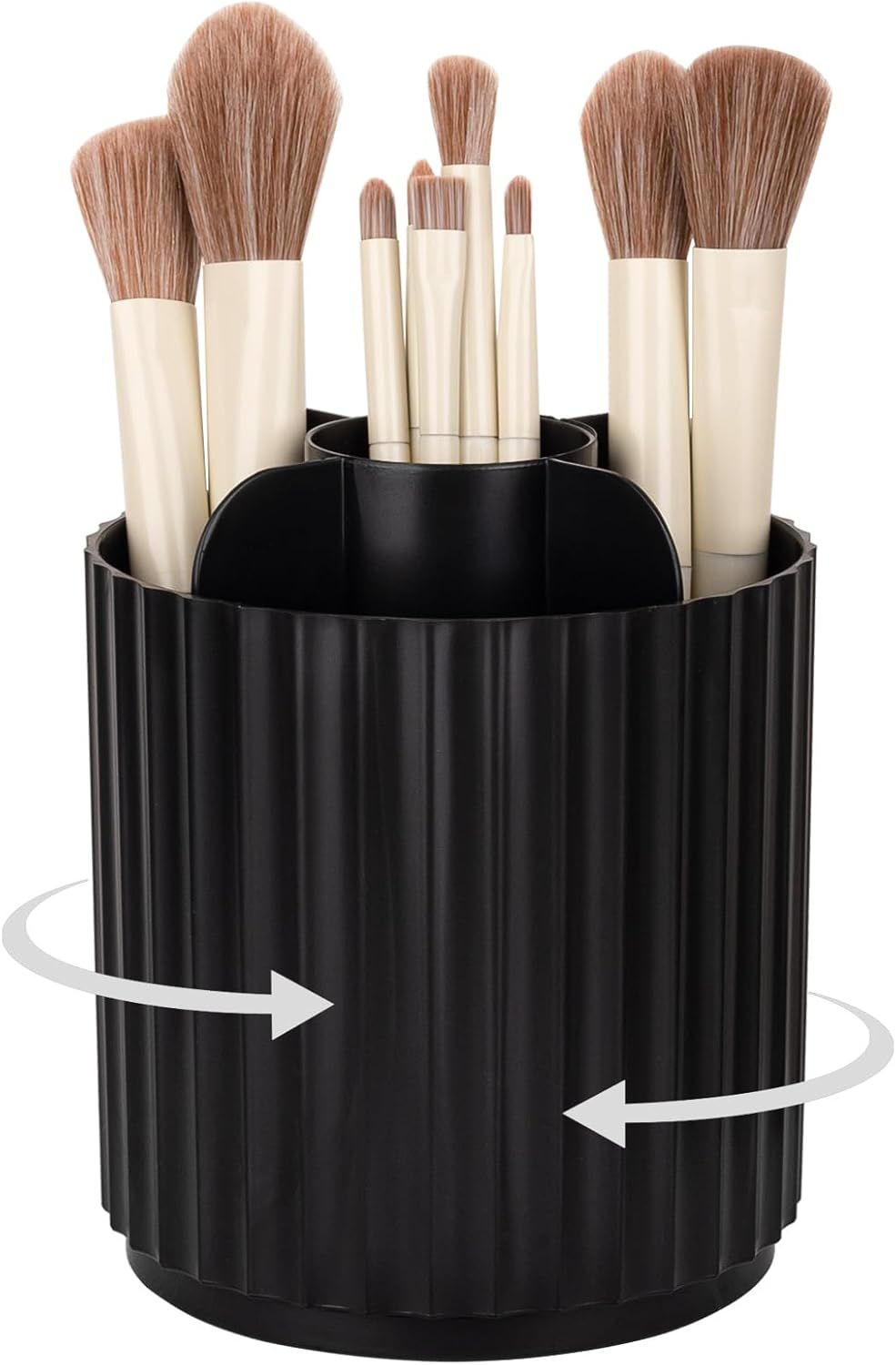Makeup Brush Holder Organizer 360°Rotating Make Up Brushes Container for Vanity, Spinning Cosmetics Storage Cup, Stripe Black