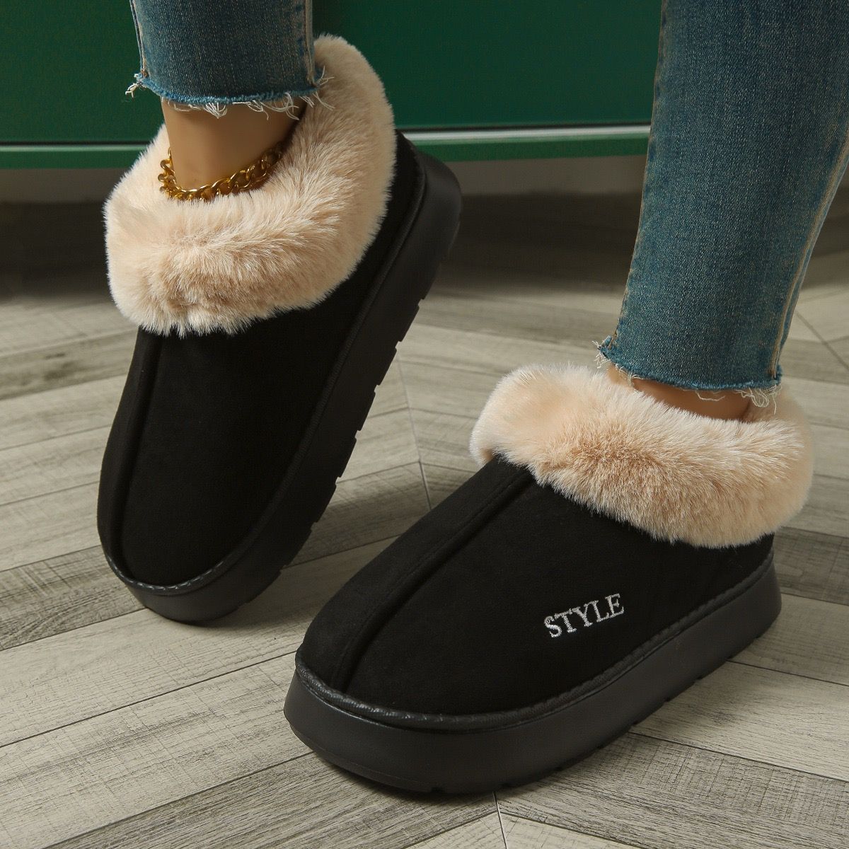 Cozy Winter House Slippers with Thick Sole, Faux Suede and Plush Lining, Non-Slip Indoor-Outdoor Wear, Solid Color Lace-Trimmed Simple Style for — image 5