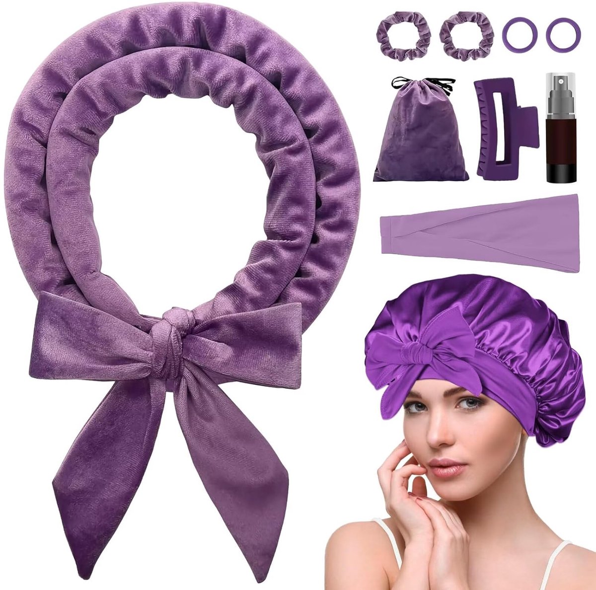 Heat-free hair curlers -Curling rollers- curling set- Blow-dry effect without heat overnight - Soft cap and sleepy bow design - Comfortable curls while you