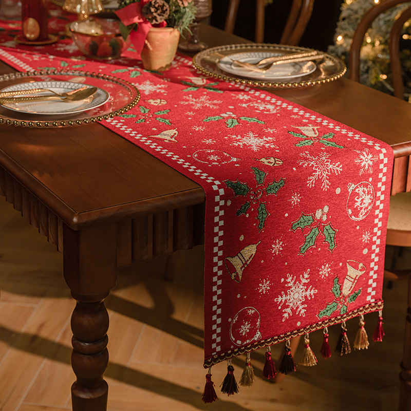 Red Christmas Table Runner with Tassels - Festive Snowflake & Bell Print (35 × 240cm)