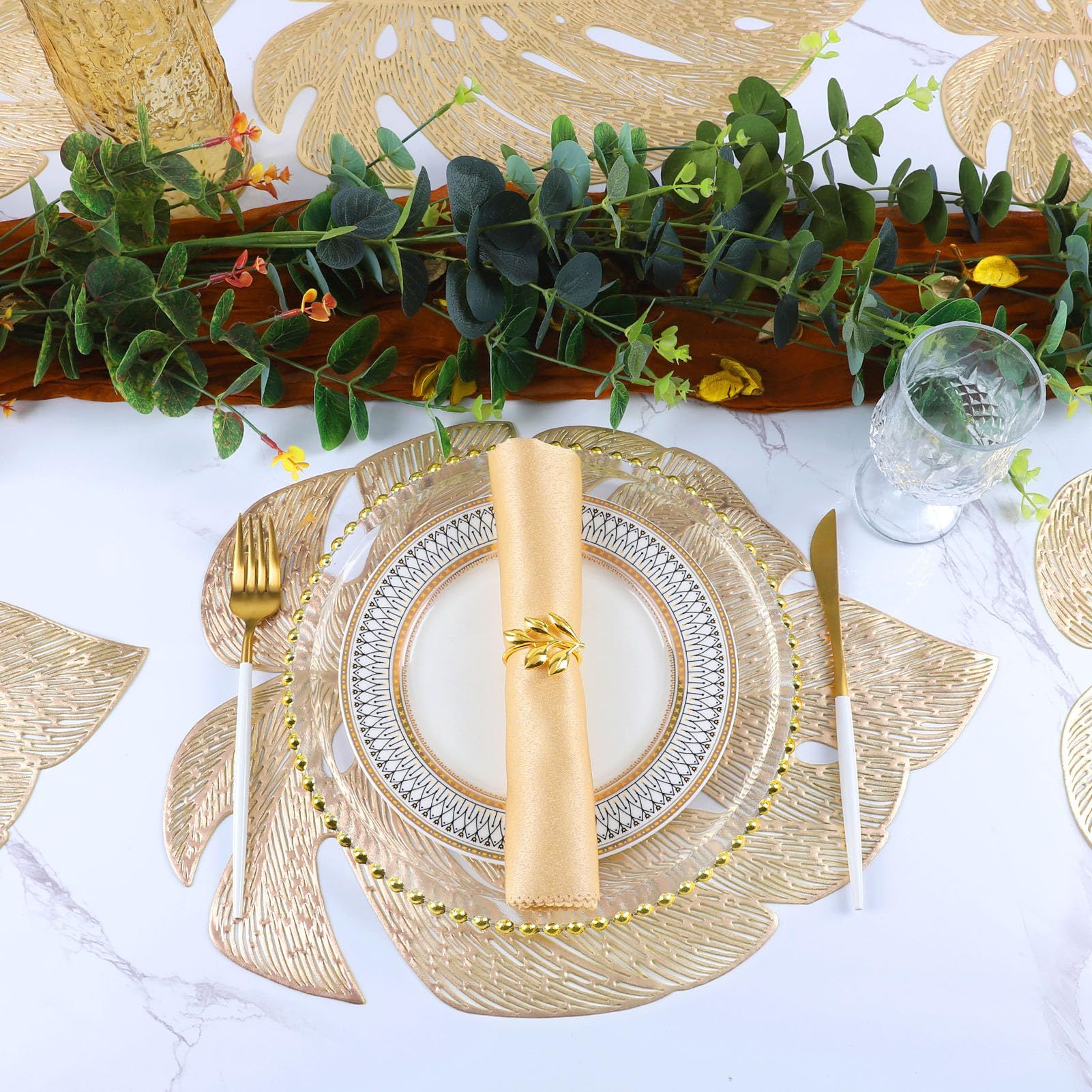 Placemats Set of 6, Hollowed-Out Leaf Place Mats for Dining Table Pressed Vinyl Table Mats for Holiday Party Wedding (Garden Gold) — image 4