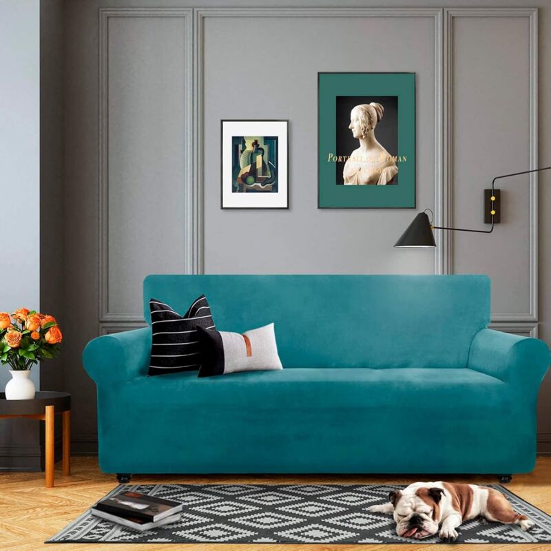 Velvet Sofa Cover 3 Seater Thick Stretch Sofa Slipcovers (3 Seater, Peacock Blue) — image 2