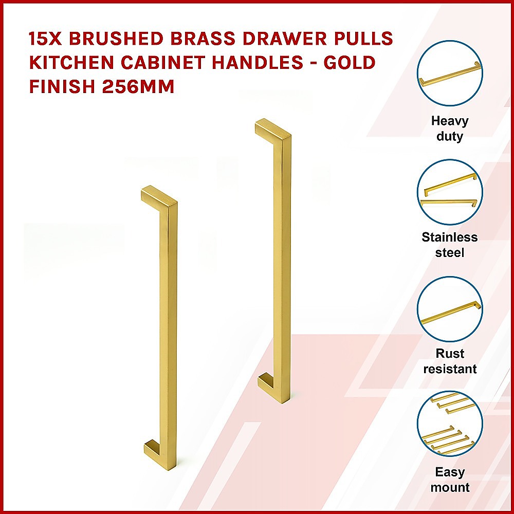 15x Brushed Brass Drawer Pulls Kitchen Cabinet Handles - Gold Finish 256mm — image 3