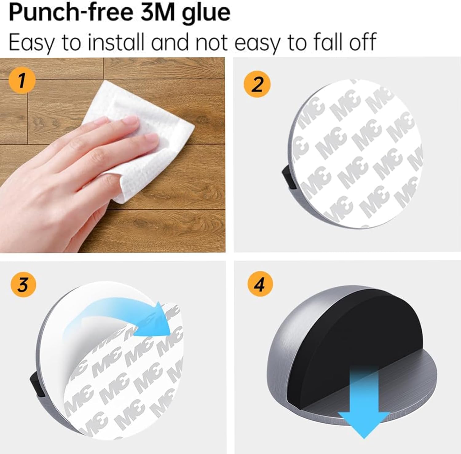 Drill-Free Floor Mounted Door Stoppers 3M Adhesive Self Adhesive Door Stoppers with Black Rubber Bumper Tips Floor Mount Half Dome Door Stopper for Office — image 6