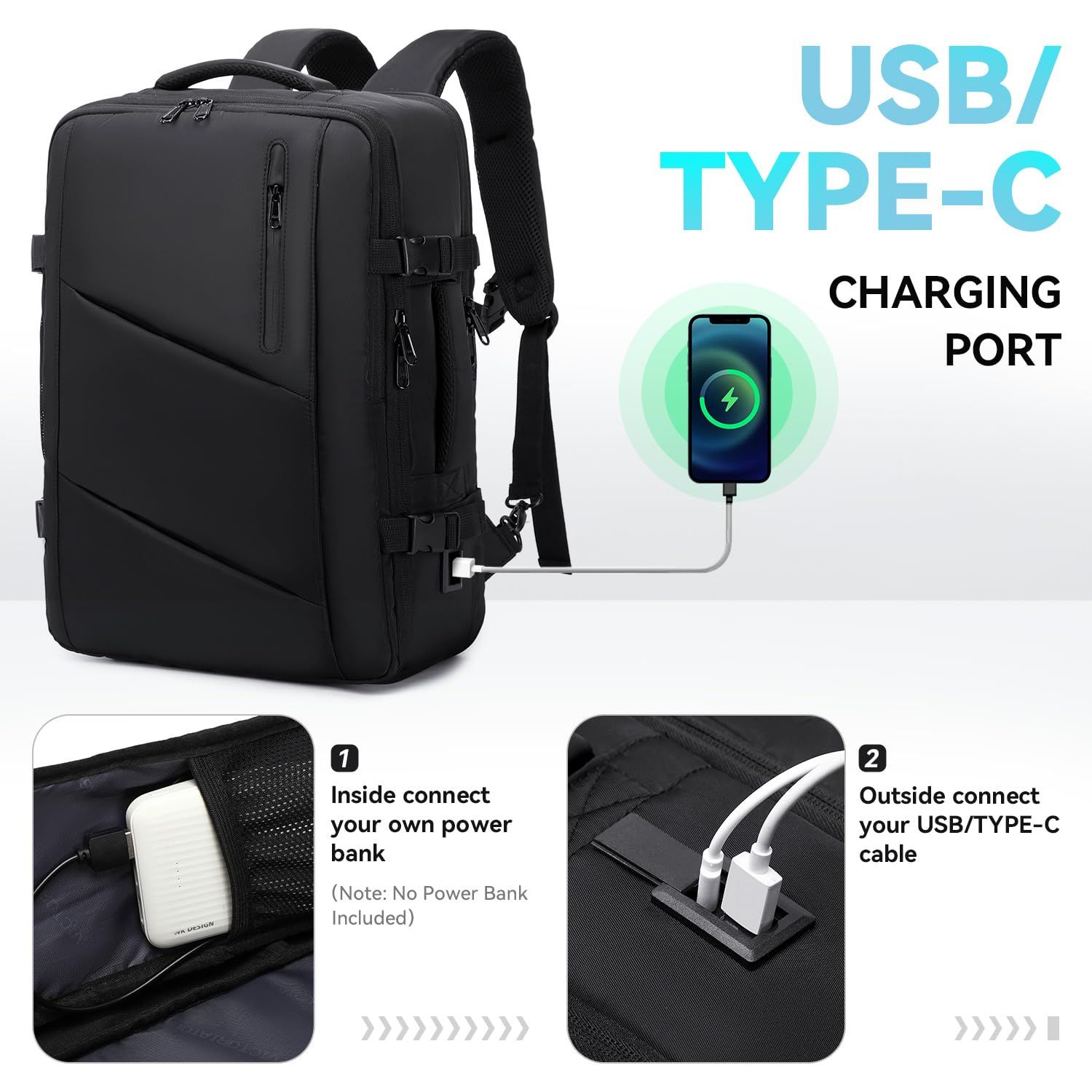 Carry on Travel Backpack for Men Women, Extra Large 40L Flight Approved Expandable Suitcase With USB/Type-C Charging Port, Black — image 4