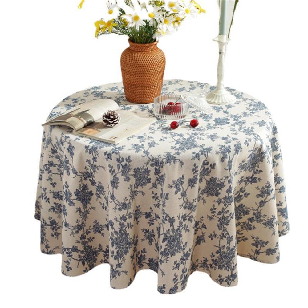 Cotton Vintage Round Tablecloth Floral Pastoral Table Cloth Washable Table Cover for Indoor&Outdoor,Farmhouse Decor,Picnic,Tabletop Decoration (Blue Floral