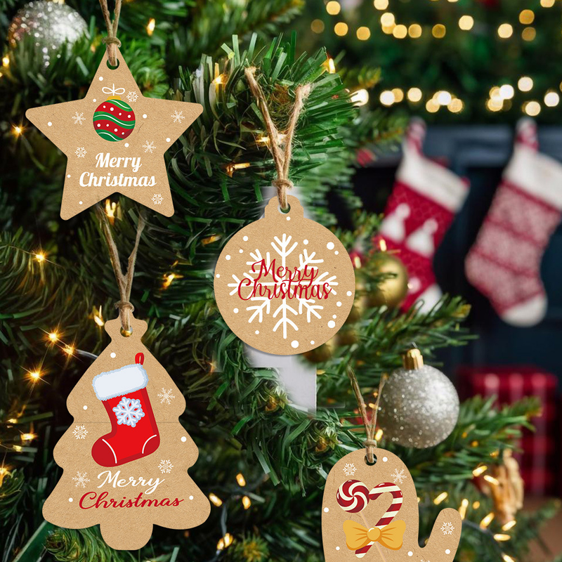 50Pcs Christmas Kraft Gift Tags with Jute Twine, Assorted Merry Christmas Paper Hang Tags, Xmas Tree Shape Label Tags for Gift Wrapping, Christmas Tree โ image 2