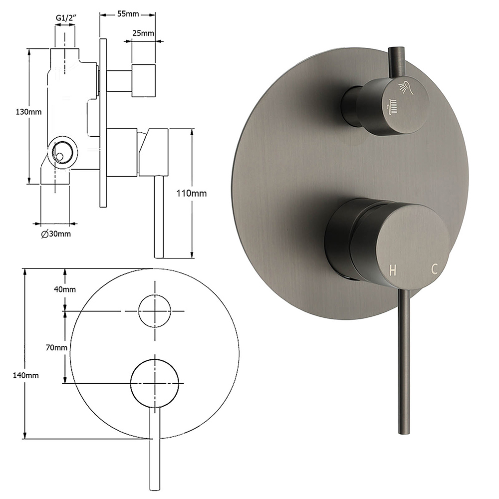 Gun Metal Gray Round Shower Mixer 2 Way Diverter For Bath Twin Shower Watermark — image 2