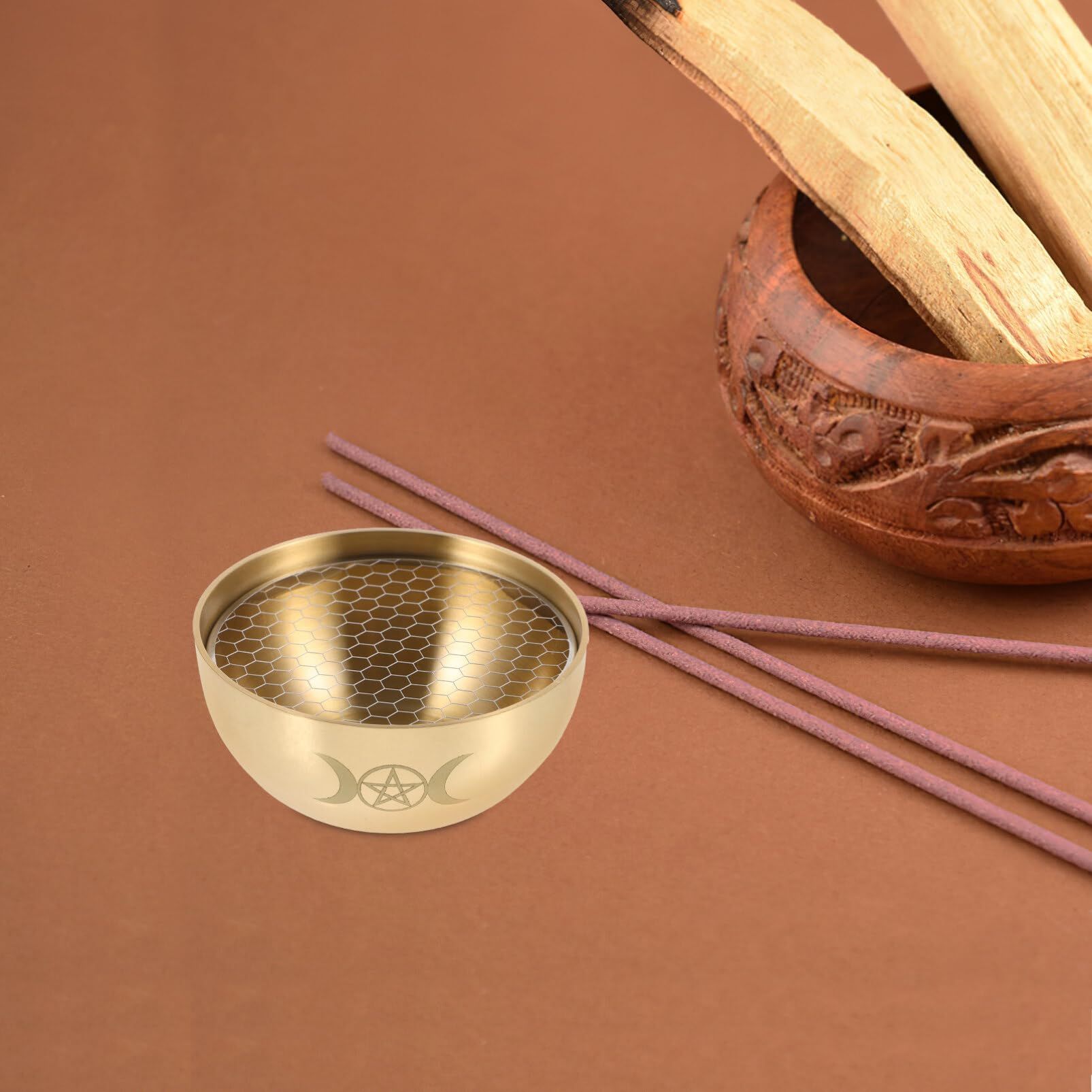 1 Set Triple Moon Pentacle Brass Offering Bowl Holy Water Bowl Incense Burner Smudging Bowl Decoration Bowl — image 2