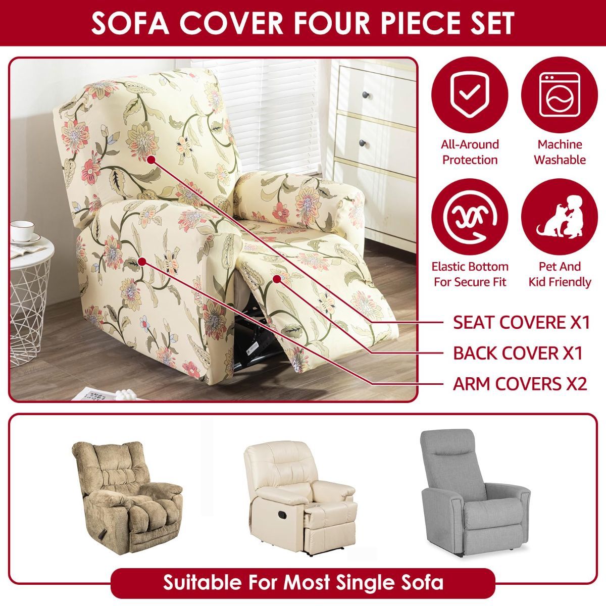 Recliner Cover Anti Scratch Lazy Recliner Chair Cover Protective Stretching Printed Reclining Chair Cover Sofa Slipcovers Convenient Elastic Reclining Chair โ image 3