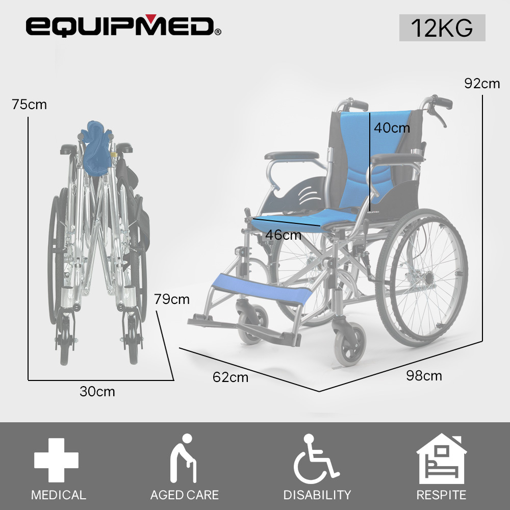 EQUIPMED Folding Aluminium Wheelchair, 20" Wheels, Park Brakes, 100kg Capacity, Blue โ image 2