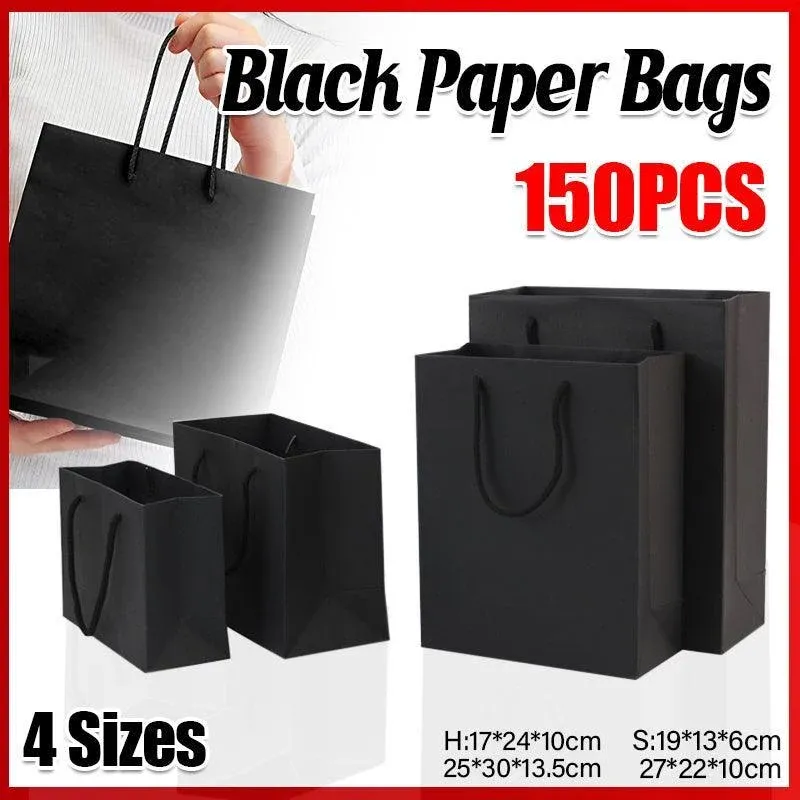 150Pcs Bulk Black Paper Bags Gift Shopping Carry Craft Bag With Cutton Handles - 17*24*10cm — image 2