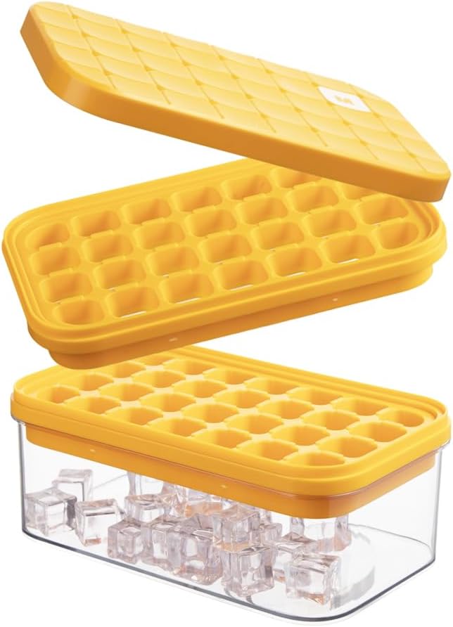 Ice Cube Tray with Lid&Bin, Ice Cube Mold with 56 Cubes, Stackable Ice Trays for Freezer with Easy-Release Silicone Bottom, for Drinks, Coffee, cocktail