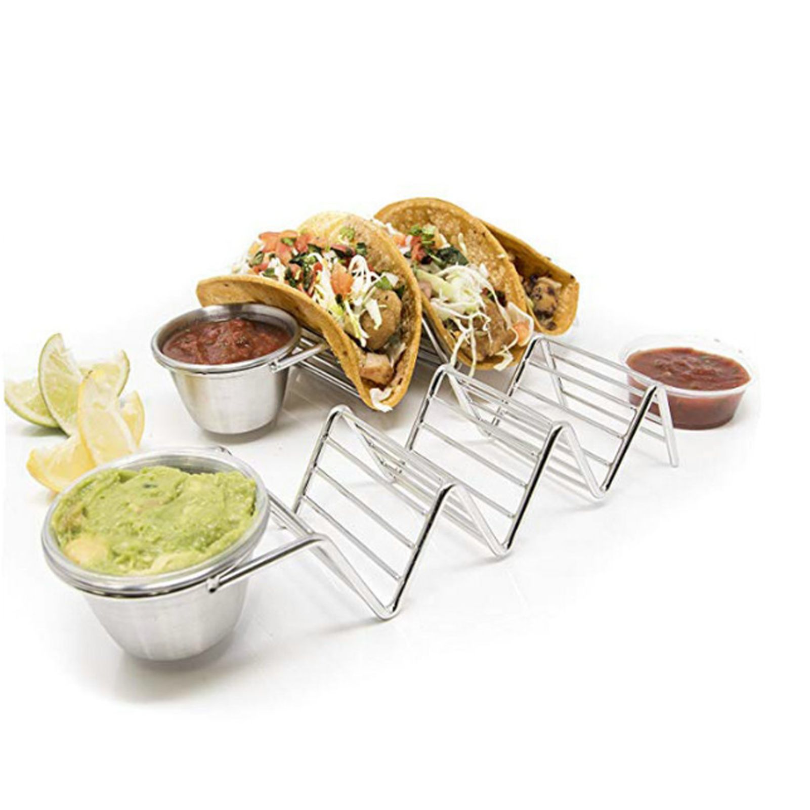 Taco Stand Stainless Steel 3 Grid V Shaped Glossy Taco Holder Rack for Kitchen Home with Sauce Cup — image 5