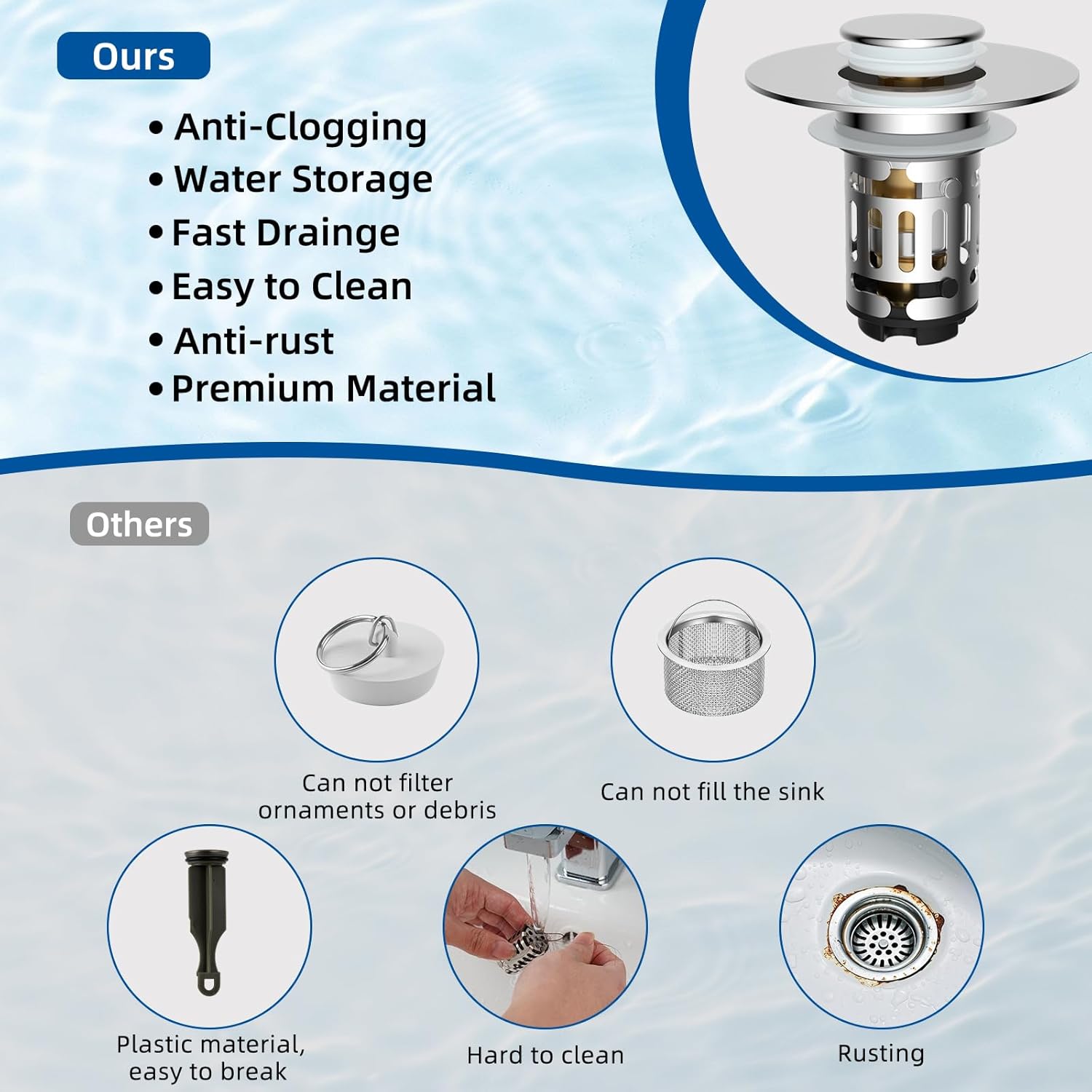 Upgraded 3 in 1 Bathroom Sink Drain Strainer, Universal Pop Up Stopper with Removable Stainless Steel Filter Basket Hair Catcher, Sink Plug for 1.1''~2.36'' โ image 6