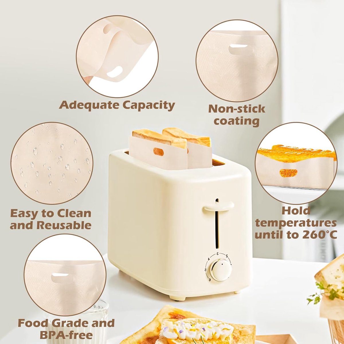 8 pieces - toaster bags - non-stick coating - reusable toaster bags - with Teflon coating - washable - for toasters and microwaves - for sandwiches, paninis — image 2