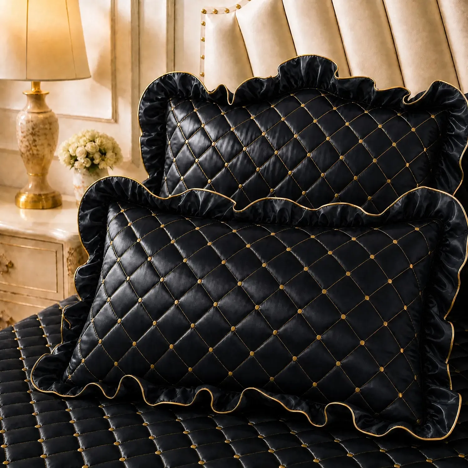 Black and Gold European Soft Brushed Quilted Bed Skirt + 2 Pillowcases Set - Breathable Padded 150 x 200CM Mattress Cover with Lace Trim and 45CM Elevated — image 5