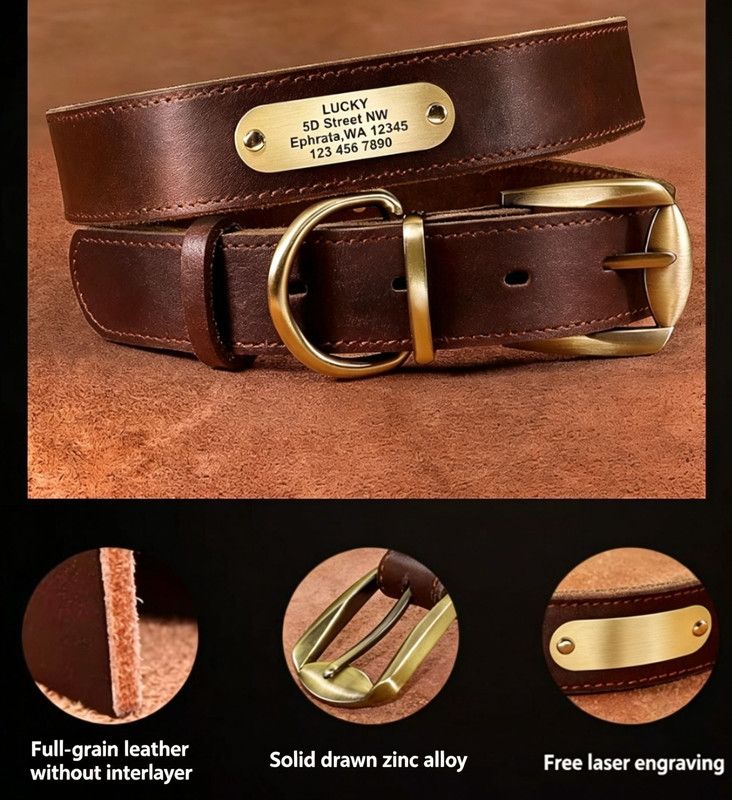 Premium Genuine Leather Dog Collar/Durable Real Leather Adjustable Collars For Male Female(XL,Red) — image 3