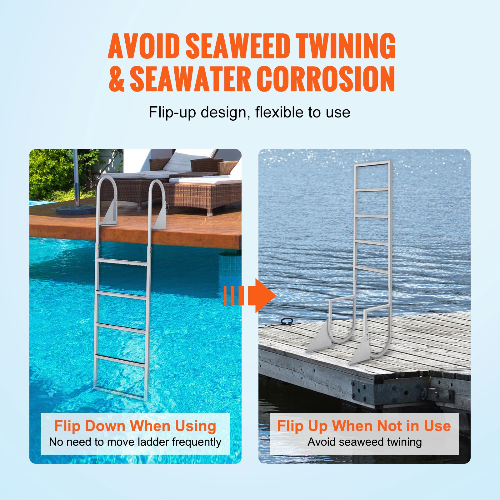 Dock Ladder, Flip-Up 5 Steps, 350 lbs Load Capacity, Aluminum Alloy Pontoon Boat Ladder with 2'' Wide Step & Nonslip Rubber Mat, Easy to Install for — image 3