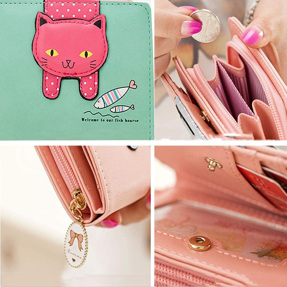 Girls,Faux Leather Wallet Cute Cat Wallet Cat Pattern Purse Coin Holder Card Organizer,Bifold,Spacious(Green) — image 3