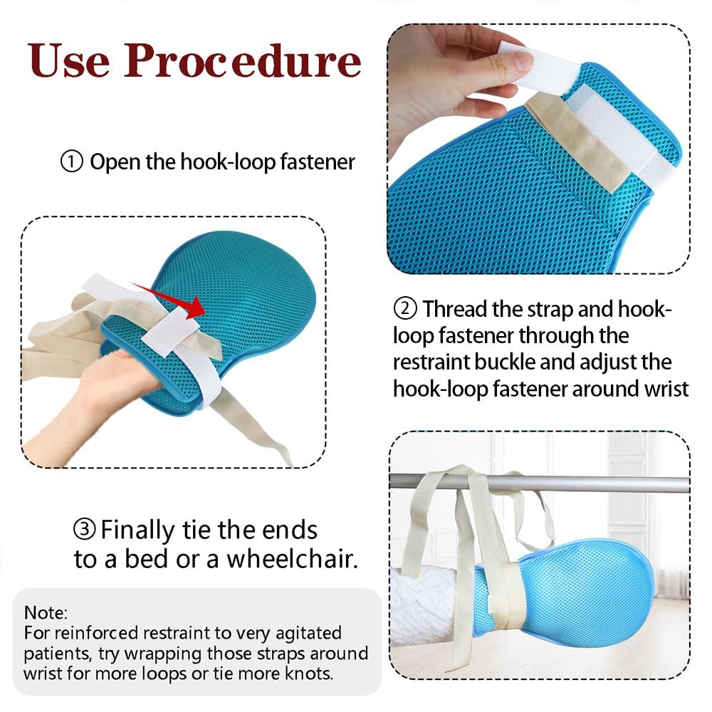 2 Pcs Dementia Hand Restraint Gloves, Breathable Safety Anti Scratch Mitts for Elderly Patients Blue double-sided constraint gloves — image 4