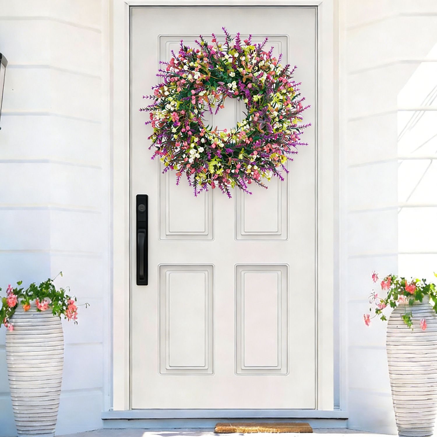 Artificial Spring Wreath with Pink Berry & Purple Lavender, Multicolour Wildflower Front Door Wreath, Rustic Farmhouse Wreath for Covered Porch Verandah Window — image 5