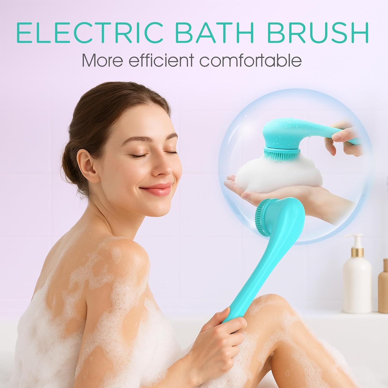 Electric Body Brush Back Scrubber Silicone Body Scrubber Two-Way Rotating Brush Head for Deep Cleaning, Exfoliation, 4 Attachments Long Handle IPX6 โ image 3