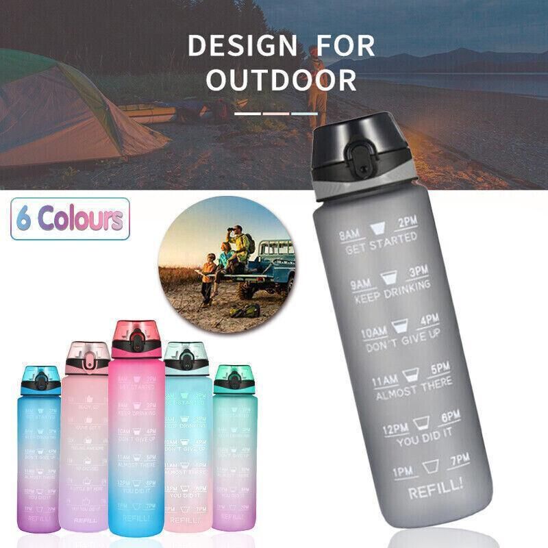 1L Water Bottle Motivational Drink Flask With Time Markings Bpa Free Sport Gym - Green+Purple β image 2