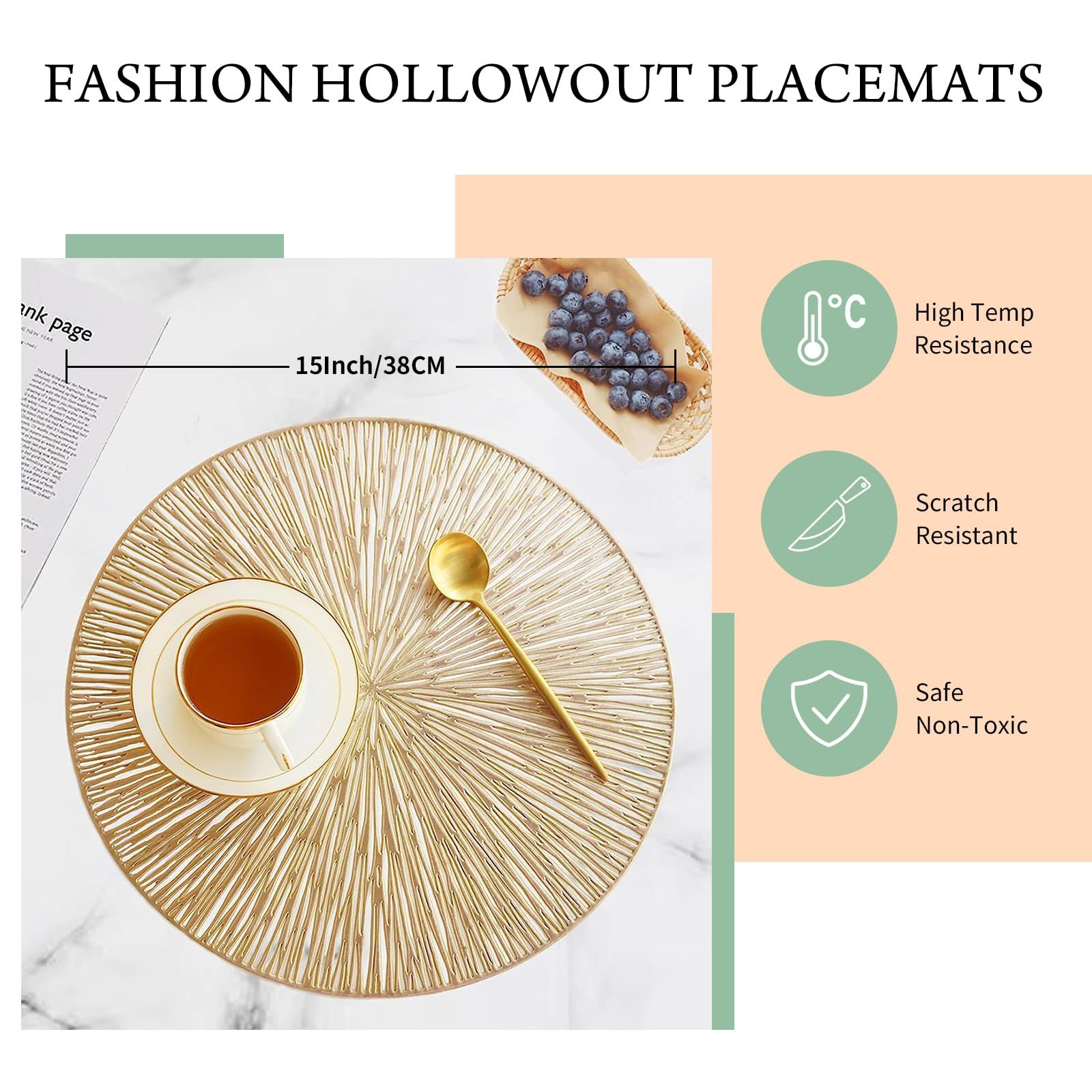 6PCS Round Placemats Pressed Vinyl Slip Resistant Table Mats Golden Fireworks Placmats Wipeable Hollowout (15 x15, Gold) — image 3